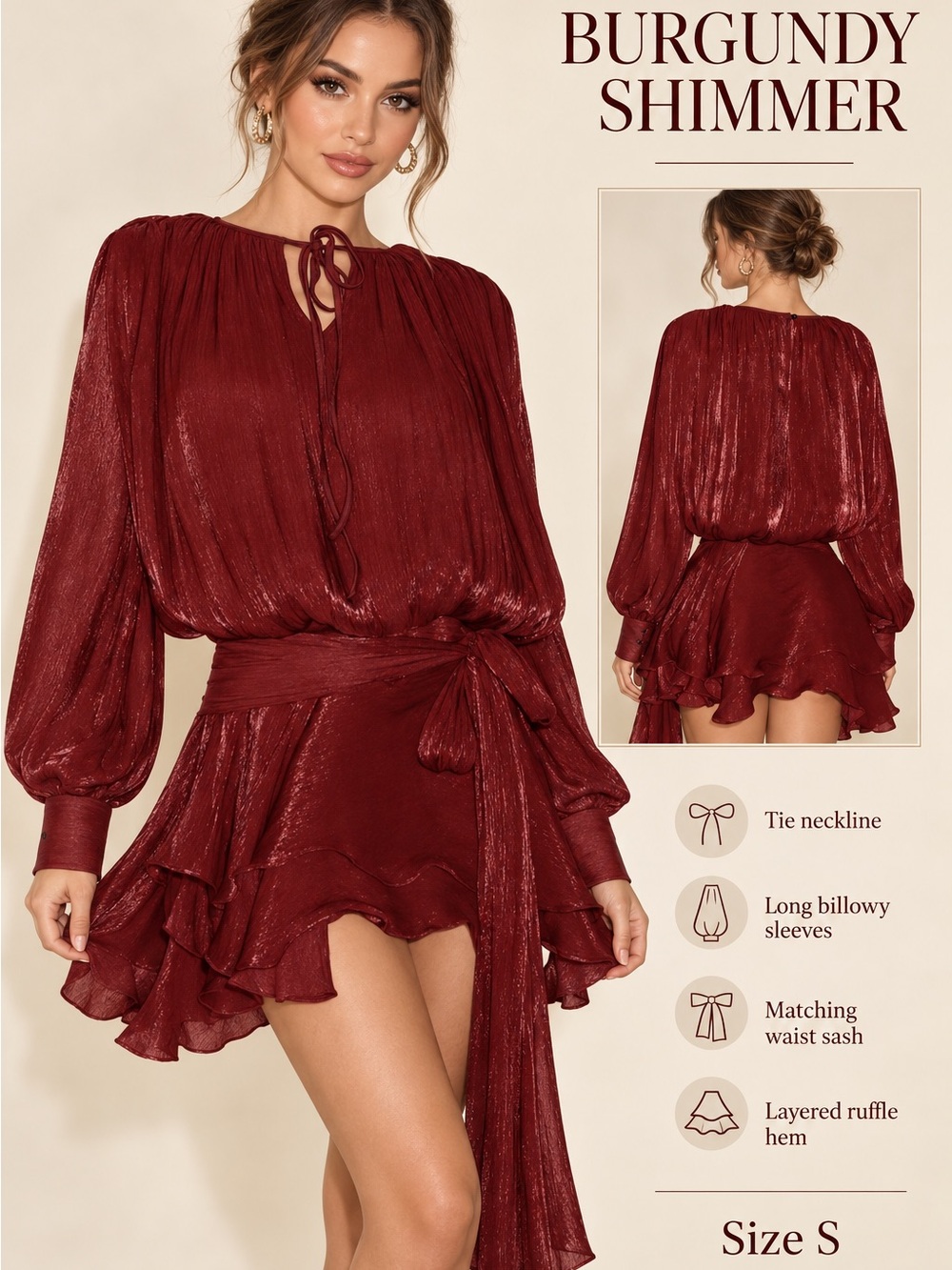 Burgundy Shimmer Lace-Up Fitted Skirt/Ruffle Hem-Short Tie-Neck Mini Dress
